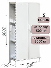 Стеллаж-шкаф СТ-600 с сплошными дверьми и сетчатой стенкой 2000х1000х750, 5 полок