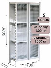 Стеллаж-шкаф СТ-300 с сетчатыми дверьми и сетчатой стенкой 3000х1580х600, 5 полок