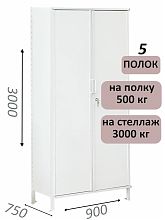 Стеллаж-шкаф СТ-600 с сплошными дверьми и сплошной стенкой 3000х1000х750, 5 полок
